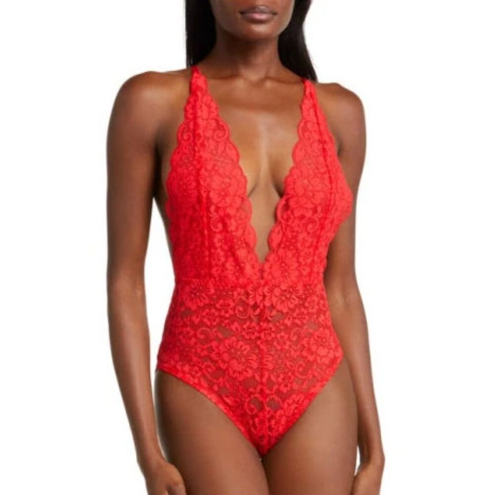 *50off3* NWT We Are HAH Comin' In Haht Lace Bodysuit XS Siren Red Hot Stretch